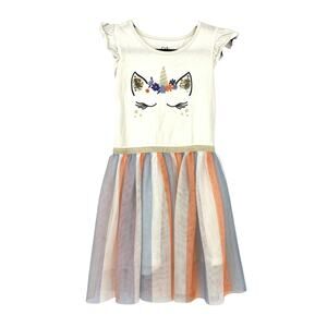 C&A Cap Sleeve Multicolor Tulle Skirted Dress Girls Size 7 White Unicorn Graphic